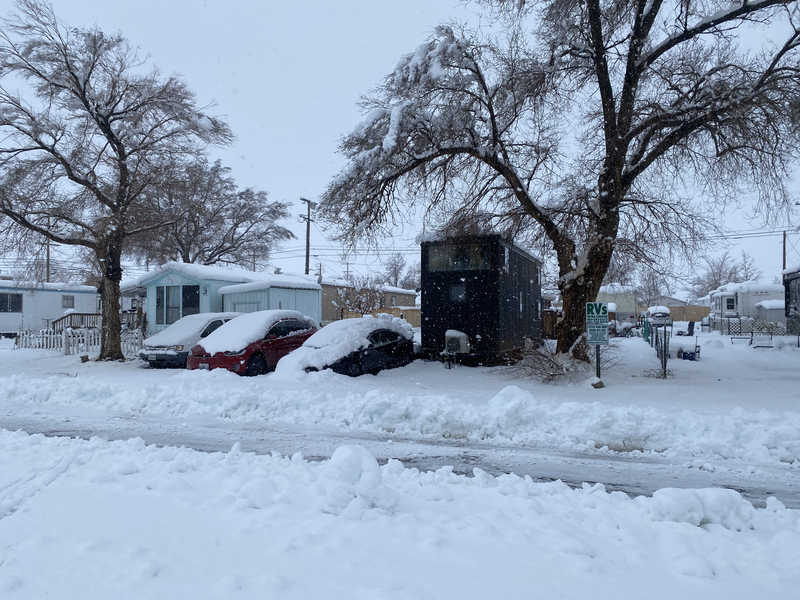 A trailer park buried in over a foot of snow