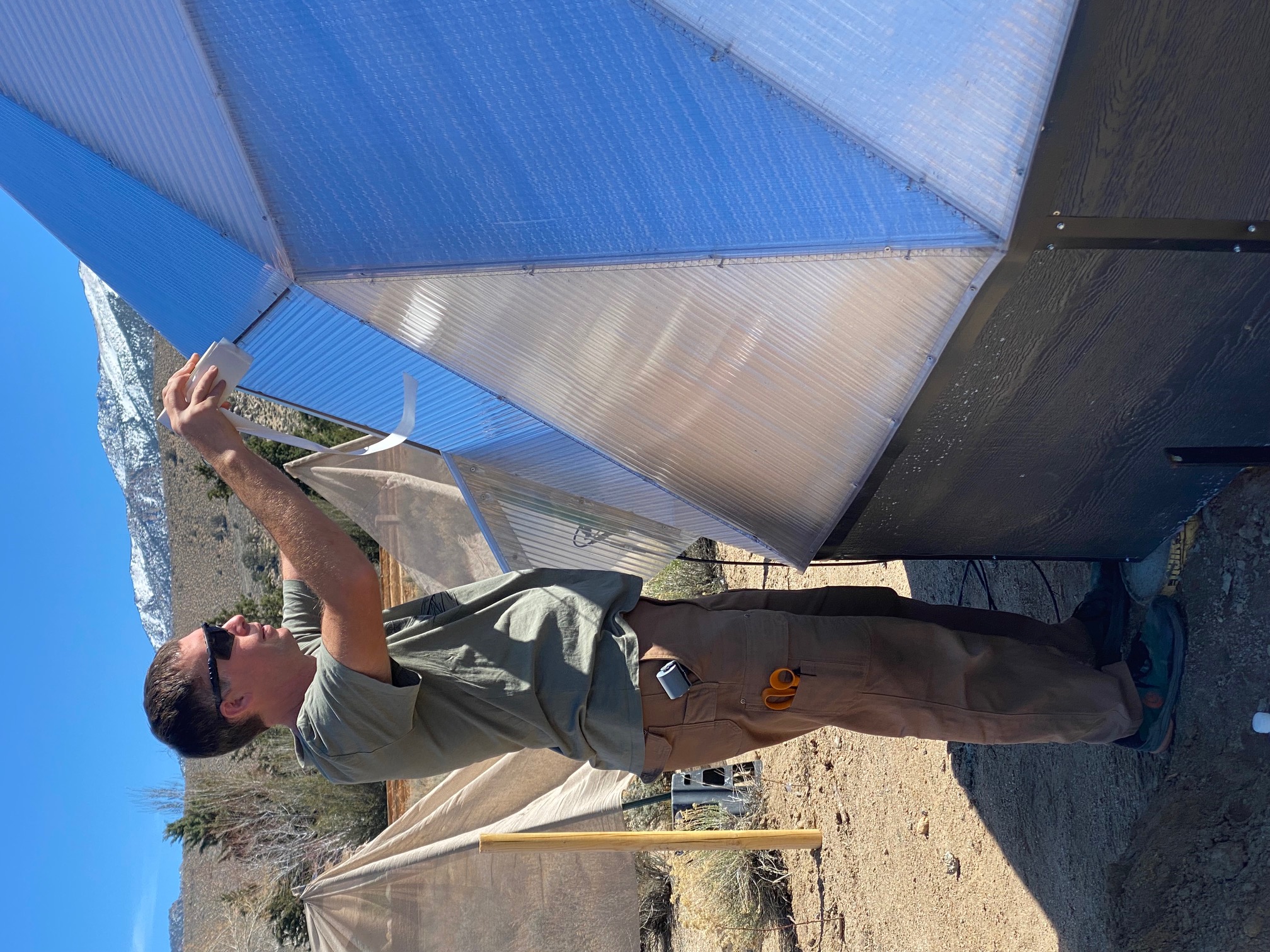 A man applying clear tape to a greenhouse dome