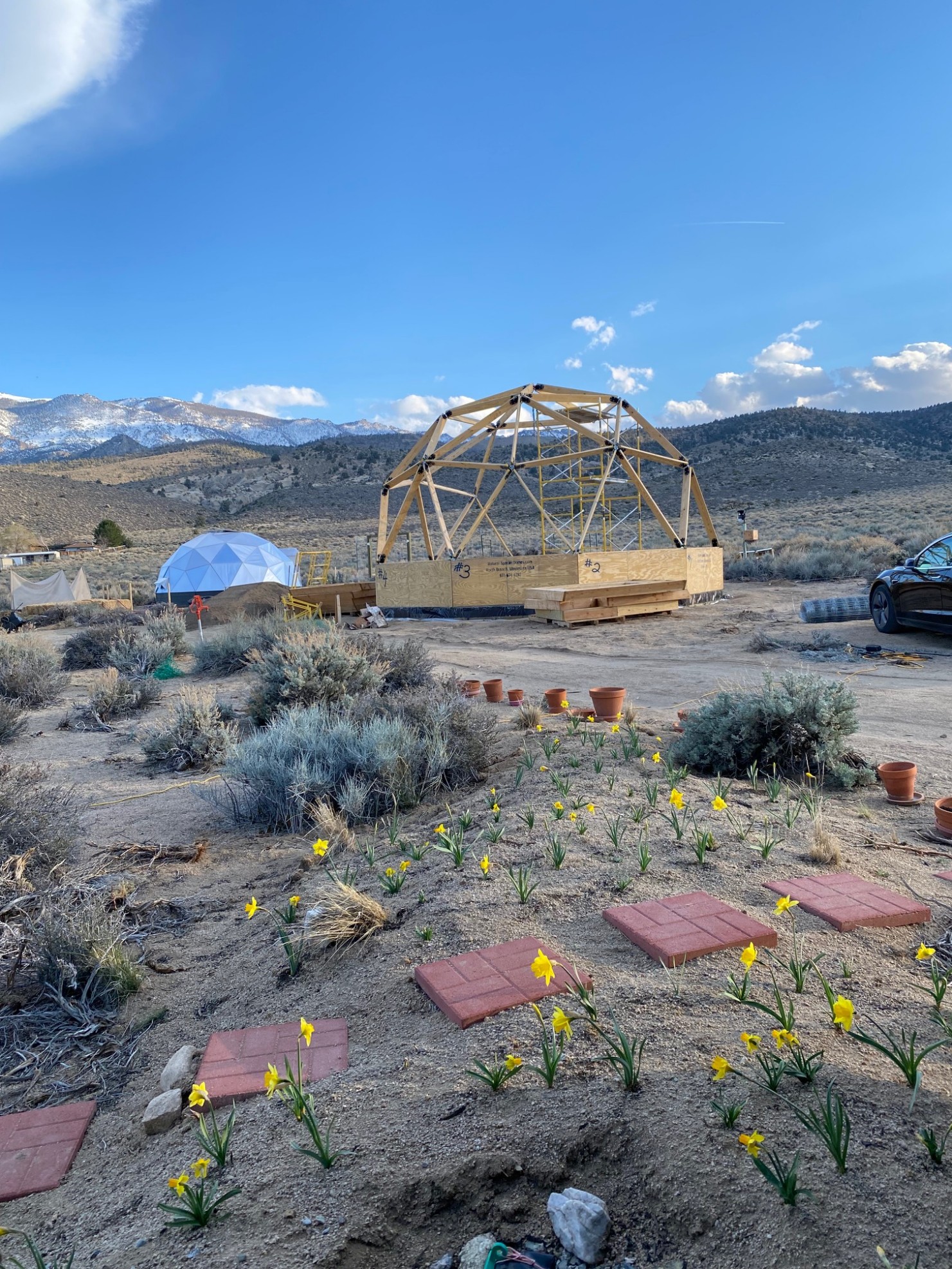 A large wooden framed dome and a small polycarb sheathed dome